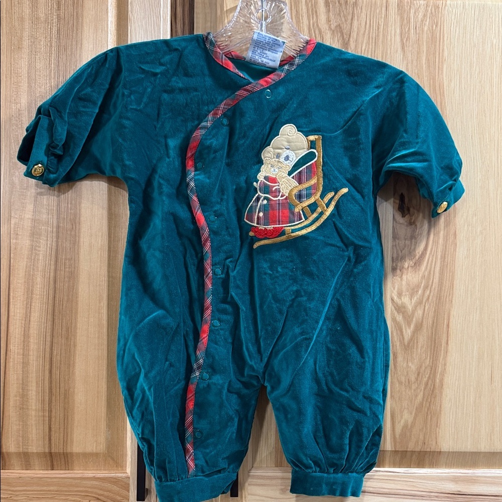Friemanit Glynne-Percy Vintage Green Christmas Holiday 9 month Romper w/ Booties
